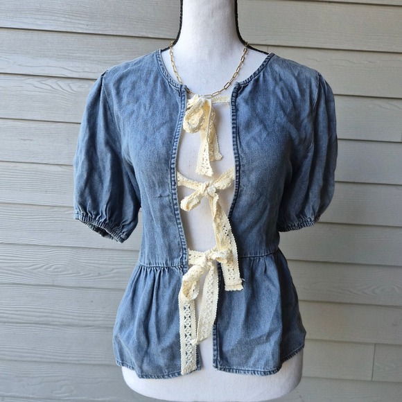 ee:some Tops - Wstern Denim Tie Front Top Womens Medium Coquette Cottagecore Boho Chic Country